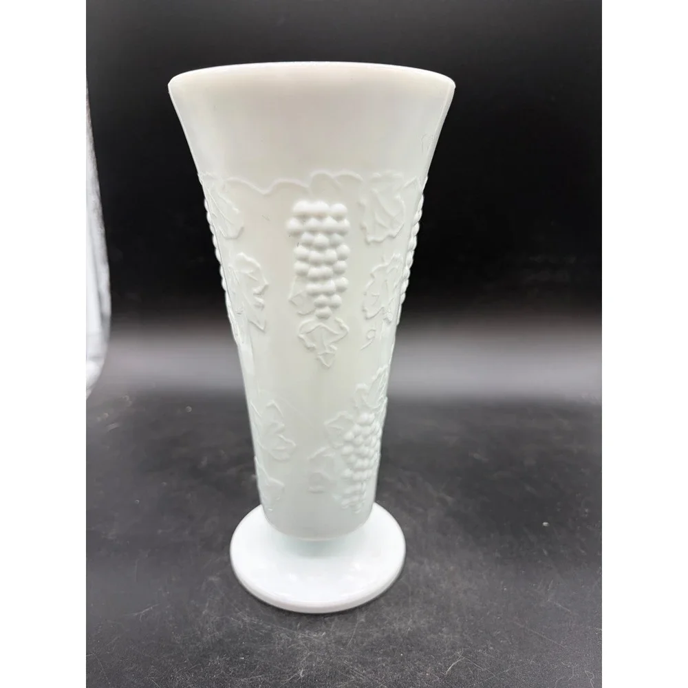 Vintage Milk Glass Vase White Embossed‎ Grape Harvest Pattern Pedestal Base